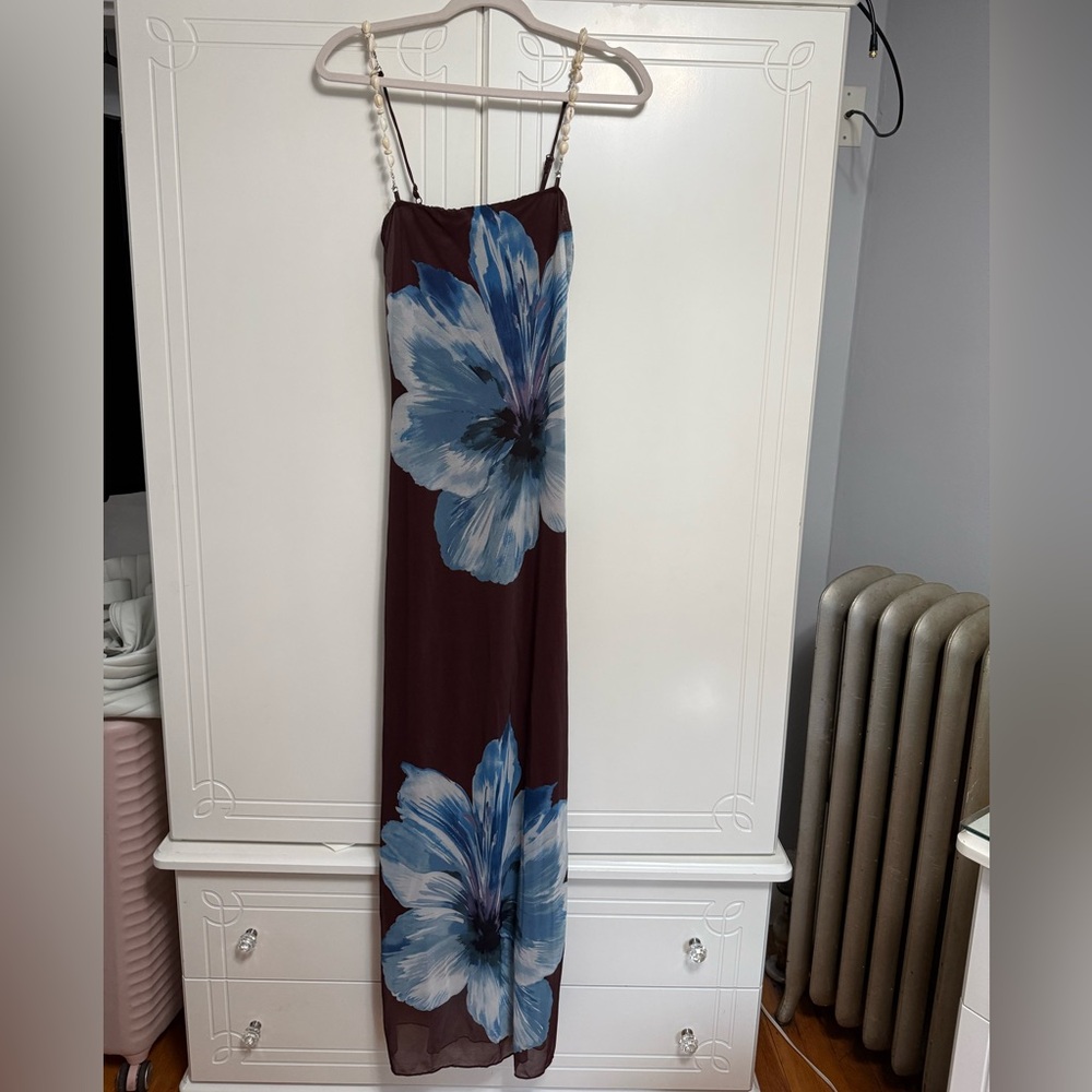 Womenās Brown Maxi Dress with Blue Floral Print
